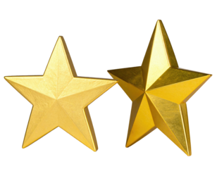 Two shiny golden stars, rendered, isolated on black background. One with sharp edges