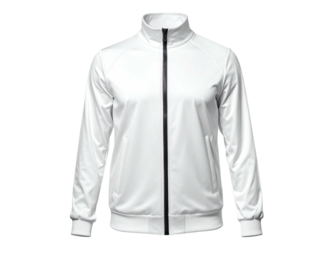 Isolated image showcases a pristine white track jacket with a high collar and front zipper