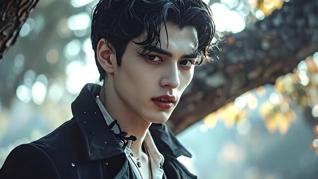An enigmatic young man with a captivating and intense gaze emerges from a soft-focus autumn woodland, his striking features and poised demeanor hinting at a deeper narrative