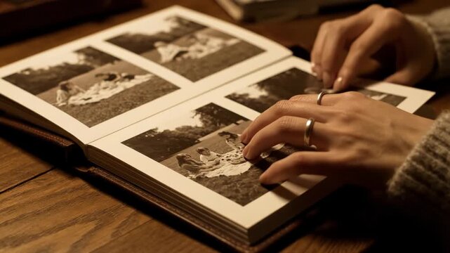 Warm light illuminates hands viewing nostalgic black and white photos in a family album.