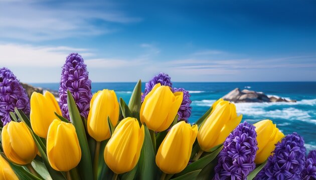 Joyful Spring Bouquet Of Yellow Tulips And Purple Hyacinths Against A Serene Ocean Backdrop Celebrating Nature S Beauty