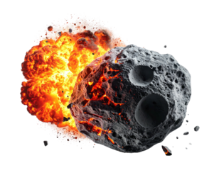 A celestial scene depicting an asteroid's disintegration with a fiery explosion in space