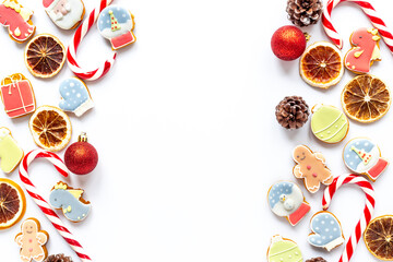 Frame of Christmas and New Year homemade cookies, top view