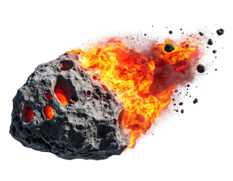 A celestial rock erupts with intense fire, breaking apart against a black backdrop