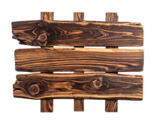 Three horizontal rustic wooden planks secured by vertical supports, rich texture with dark wood grain