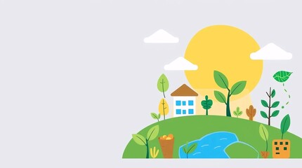 Naklejka premium eco friendly countryside landscape with small house, trees, river, and large yellow sun under clear sky representing peaceful rural lifestyle