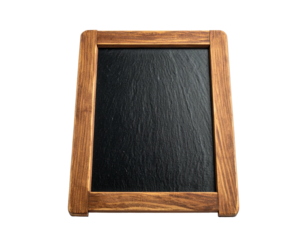 A dark rectangular slate chalkboard framed with a rustic, weathered, wooden border
