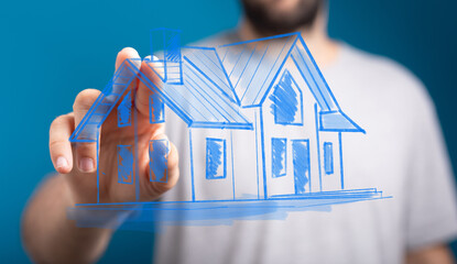 Conceptual representation of architectural idea and building dream. Featuring a hand interacting...