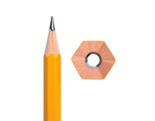 A yellow wooden writing instrument with a sharpened graphite tip, with its end's detail