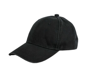 Classic black baseball cap against a solid black background, angled