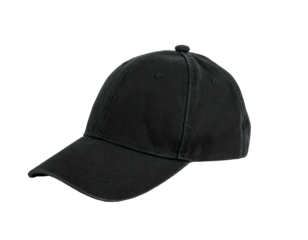Classic black baseball cap against a solid black background, angled