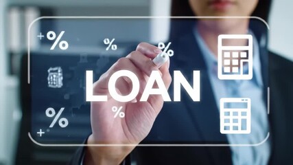 Businesswoman Interacting with Virtual Loan Interface Showing Interest Rates and Calculators - Powered by Adobe