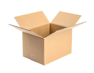 An empty cardboard box sits open, revealing its interior, on a solid black background