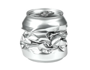 A crumpled, silver aluminum can, a symbol of waste. Solid background. Close up shot
