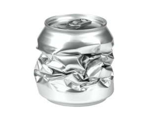 A crumpled, silver aluminum can, a symbol of waste. Solid background. Close up shot