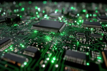 Green illuminated circuit board displays modern technology and electronic connections, symbolizing data transmission and digital infrastructure