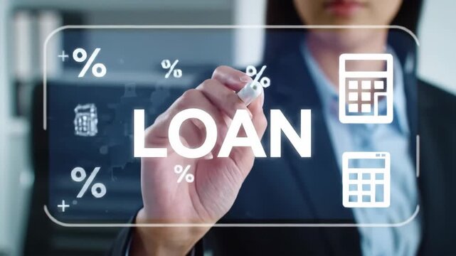 Businesswoman Interacting with Virtual Loan Interface Showing Interest Rates and Calculators - Powered by Adobe