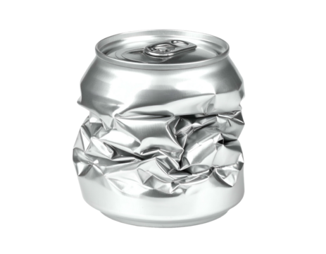 A crumpled, silver aluminum can, a symbol of waste. Solid background. Close up shot