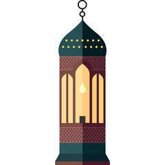 Ornate Arabic Lantern With Glowing Candle Flame And Intricate Geometric Patterns In Deep Teal And Maroon Colors