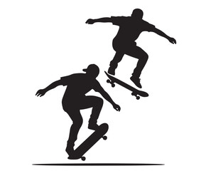 Silhouettes of Two Skateboarders Performing Aerial Tricks in Mid-Air