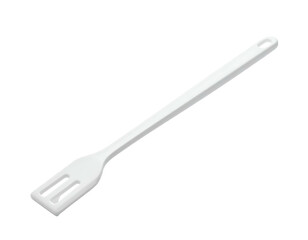 A white kitchen utensil with a slotted head and long handle, for use in grilling