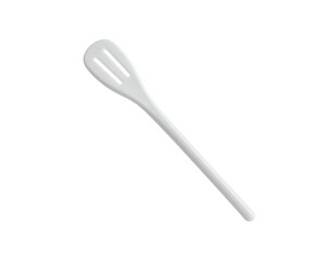 A glossy, white cooking utensil with a slotted head, presented on a stark black background