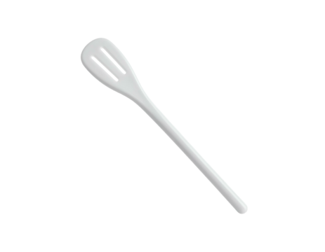 A glossy, white cooking utensil with a slotted head, presented on a stark black background