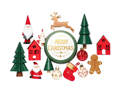 Festive arrangement of Christmas figurines and ornaments against a black backdrop