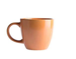 A close-up shot of a ceramic mug, colored in shades of brown, against a black backdrop
