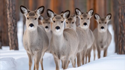 Obraz premium Majestic Deer Herd in a Stunning Winter Wonderland with Pristine Snow-Covered Forest Landscape