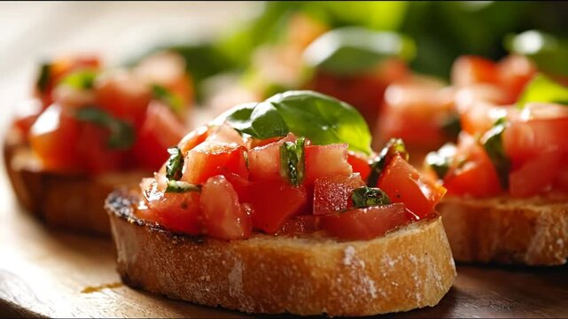 Close up of bruschetta appetizer with fresh tomatoes and basil