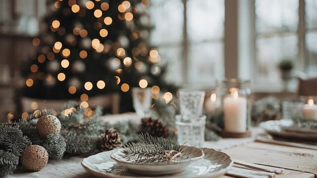 couple of tea on decorated table and christmas tree on the background