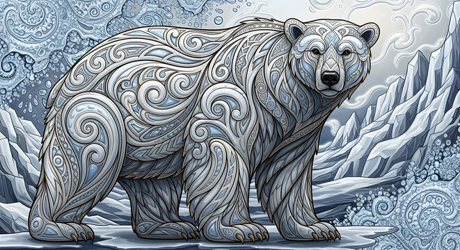 Ornate Polar Bear Illustration with Intricate Tribal and Celtic Ice Patterns