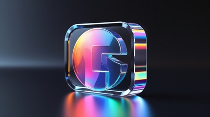 Transparent glass bank icon, colorful dispersion reflections, black backdrop, elegant luminous modern 3D design