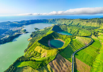 Panorama of Sete Cidades Caldera. Blue Lake, Green Lake, Rasa Lake and Santiago Lake. Green Fields...