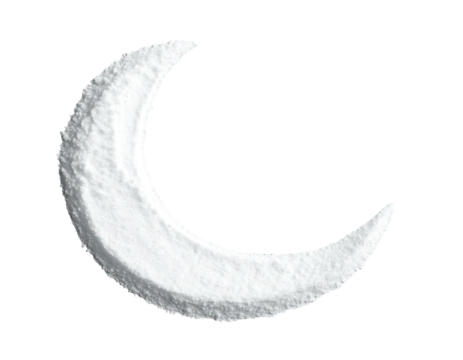 A crescent moon, textured and white, isolated on a deep black background, creating a stark contrast