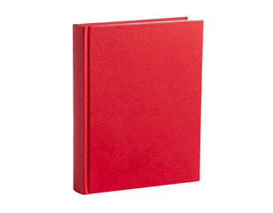 A vertical book stands upright, bound in a vibrant, solid red cover, against a black backdrop