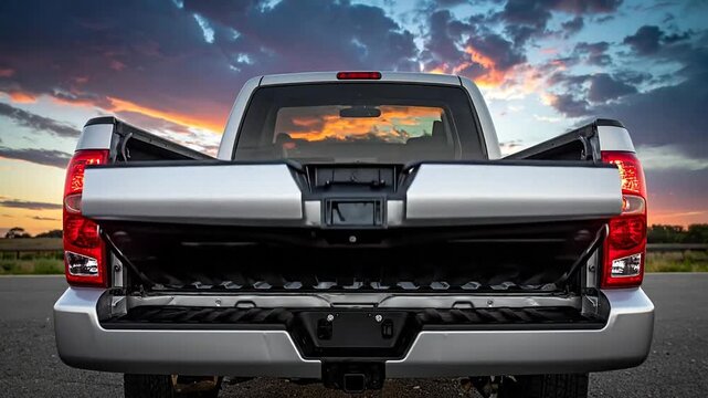 Rear view of a modern silver pickup truck with its versatile multi-function tailgate open at sunset.