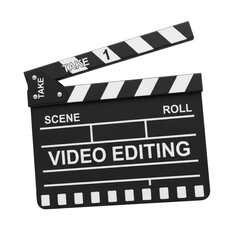 Obraz premium Black film clapperboard with white text ' V I D E O E D I T I N G' and ' T A K E 1 icon 2025-2026 transparent isolated on white background png 4k full hd download