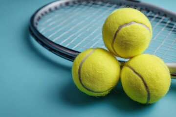 Four bright yellow tennis balls rest on a dark blue racquet and light blue surface