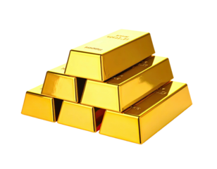 Stacked golden bars, arranged in a pyramid shape, gleaming against a black background