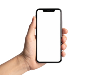 A hand holding a modern, framed digital device with a blank, bright, white display