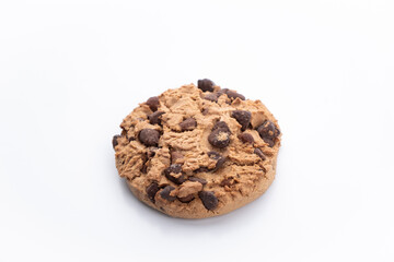 Delicious cookie with chocolate chips on a white background. Homemade sweets.