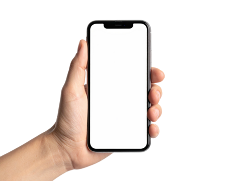 A hand holding a modern, framed digital device with a blank, bright, white display