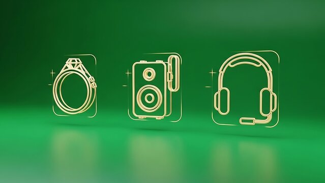 Minimalist gold smart ring hologram with Bluetooth headset and portable speaker icons — futuristic wearable tech concept on green screen