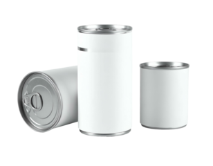Three metallic food cans on a black background, various sizes, blank label design