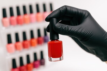 Nail Polish Selection.  Manicurist in a black glove holds red nail polish. A colorful palette of polishes is on a rack in the background. Beauty salon concept.