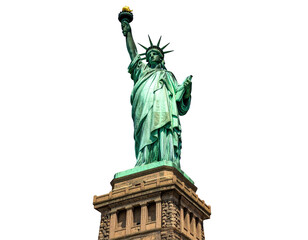 Fototapeta premium A large, copper-toned statue of a robed woman holding a torch, set against black