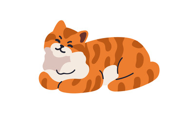 Cute sleeping cat lying in relaxed pose. Adorable sweet feline pet enjoying peaceful nap, cozy relaxation, peace, dream, rest. Kitty asleep. Flat vector illustration isolated on white background.