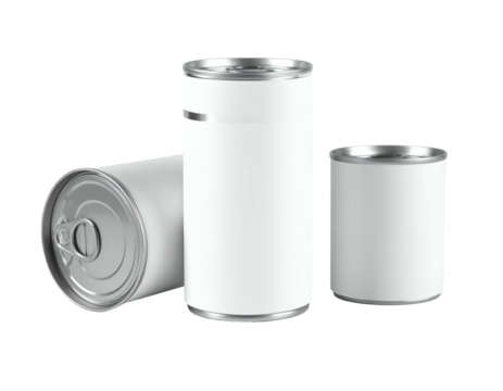 Three metallic food cans on a black background, various sizes, blank label design